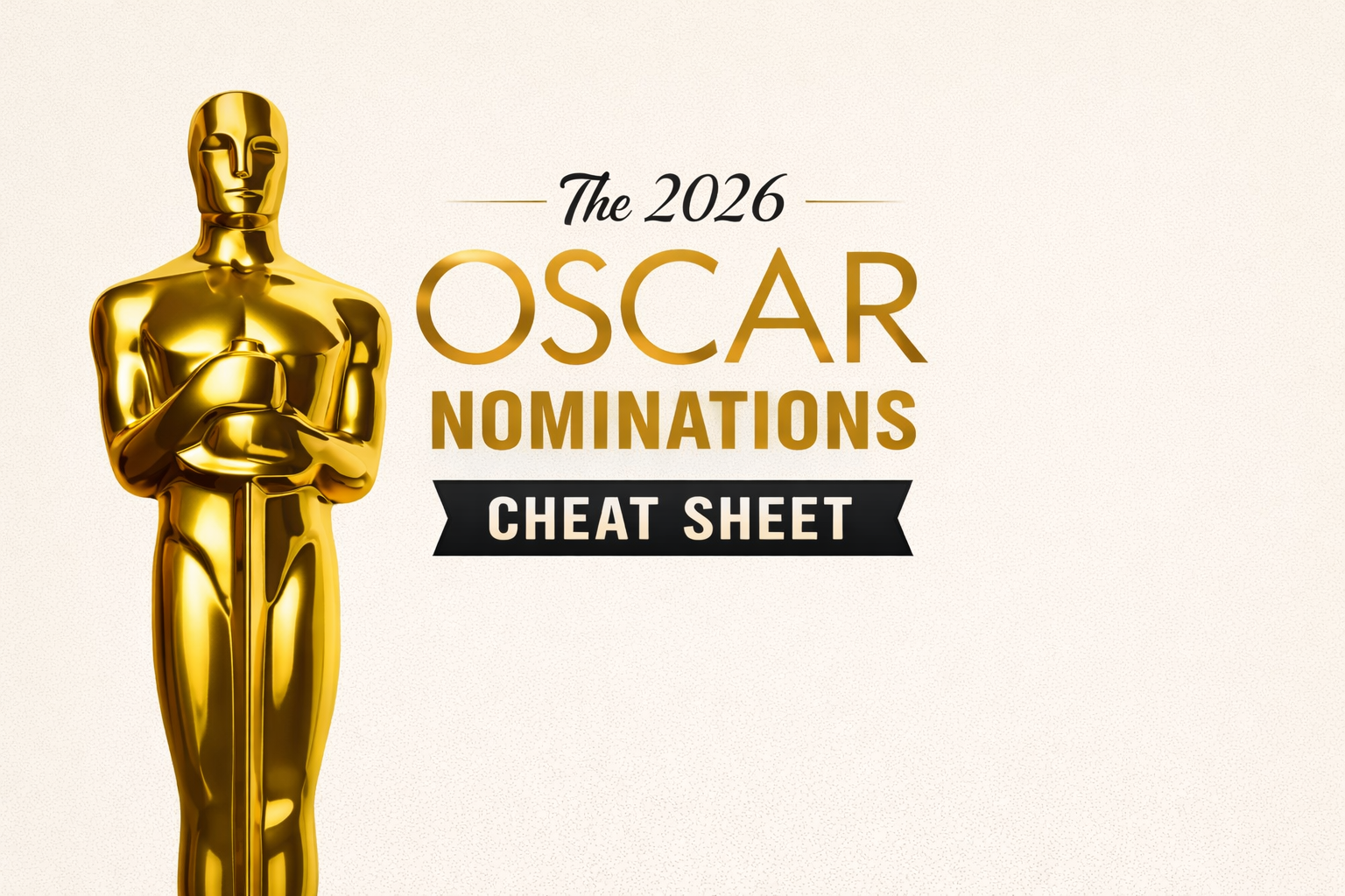2026 Oscar nominations featured image with a minimalist gold Oscar statuette and clean typography